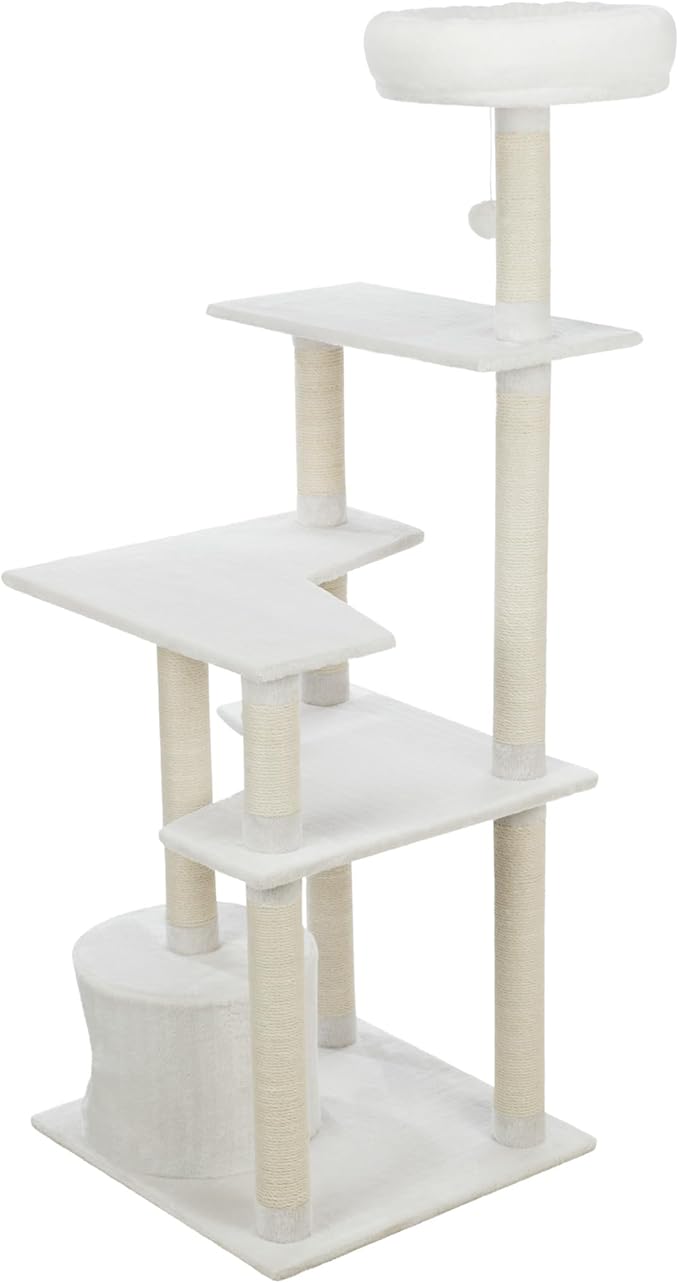 TRIXIE Seli Cat Tree – Cat Tower with Sisal Posts, Condo, Padded Platforms & Hanging Toy – Cat Furniture for Indoor Cats – Cream, 21.1" x 21.1" x 59.1"
