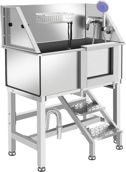 Dog Washing Station 38'' Stainless Steel Pet Grooming Tub for Large Dogs Over-Size Professional Dog Grooming Bathtub Station Wash Shower Sink Pet Grooming Bathtub Station