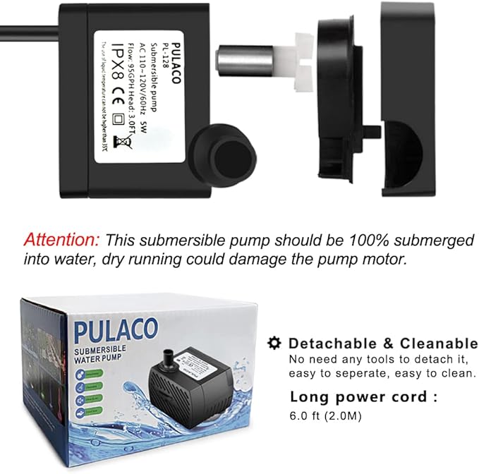 PULACO 2Pcs Mini Fountain Pump (50GPH 3W), Ultra Quiet Submersible Water Pump for Aquarium, Small Fish Tank, Pet Water Fountain, Tabletop Fountains, Water gardens and Hydroponic Systems