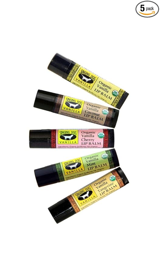 Singing Dog Vanilla USDA Organic Beeswax Lip Balm, 5-Flavor Variety Pack - Vanilla, Cherry, Coconut, Mint, Tangerine - Vitamin E, Grade A Vanilla, 0.15 oz each