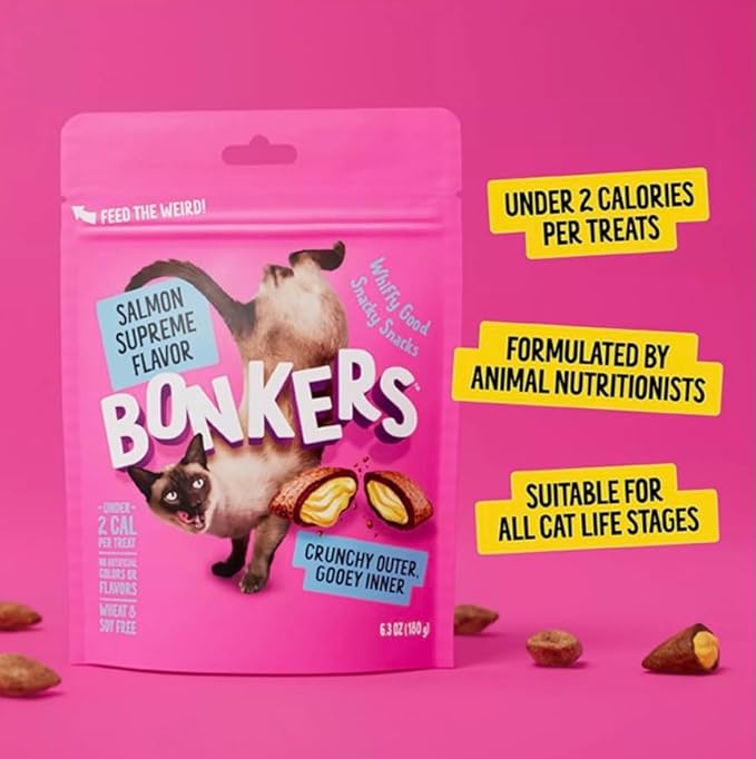 Bonkers Cat Treats, Crunchy & Soft Salmon Supreme Flavor Treats, Low Calorie, Training or Food Topper 3 oz -2 Pack Plus 4 Cat Spring Toys