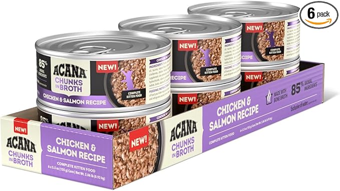 ACANA Chunks in Broth Wet Cat Food Chicken & Salmon Recipe for Kittens 5.5oz Cans (6 Count)