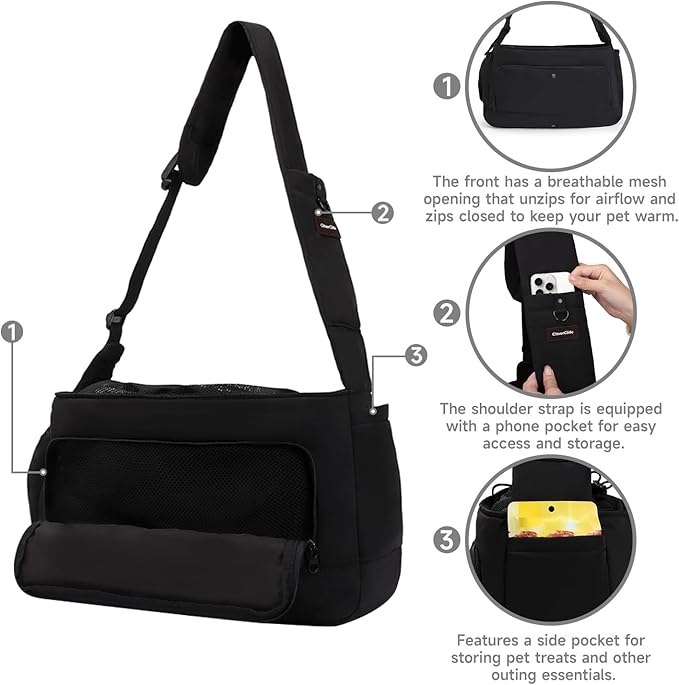 Dog Sling Carrier for Small Medium Dogs & Cats, Fits 7–18lbs, Soft Puffy Lightweight Pet Sling Carrier with Adjustable Padded Strap and Storage Pocket, Hands-Free for Travel, Hiking & Outdoor Black