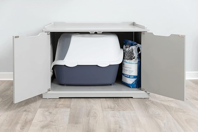 Trixie XL Furniture Litter Box Enclosure (Gray), Hidden Litter Box for Cats with Openings on Either Ends & Large Ventilations Slots, Double Doors for Easy Cleaning, Removable Divider