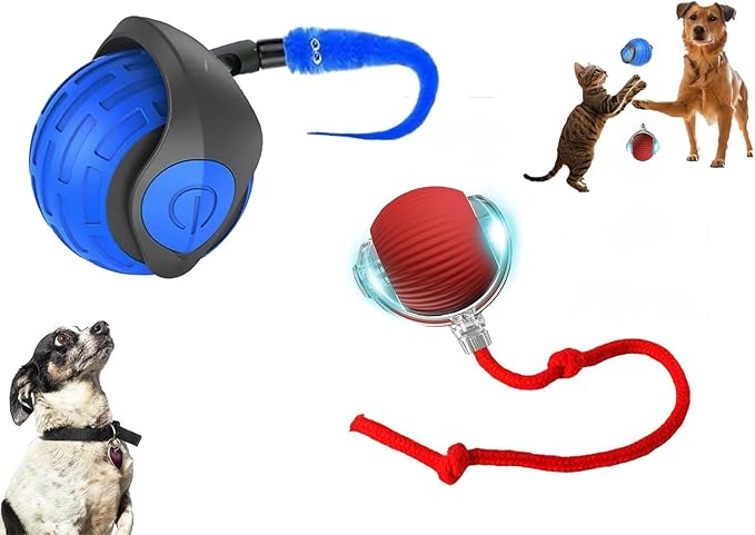 Interactive Cat Ball Toy – Smart Rolling Pet Ball with Obstacle Avoidance, USB Rechargeable, Cord Tail Design – Fun Enrichment Toy for Indoor Cats & Small Dogs (Blue + Red)