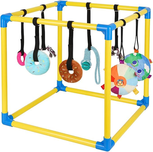 Liitrton Puppy Play Gym - Small Dogs Play Gym with 8 Hanging Toys, Indoor Puppy Jungle Gym with Interactive Dog Enrichment Toys, 19.5"x19.5"x19.5" PVC Frame