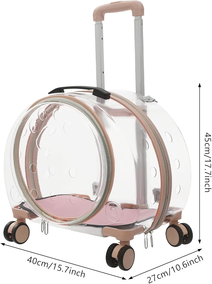 Cat Carrier with Wheels Transparent Hard Cat Carrier with Soft Mat Pet Trolley Case Pet Backpack for Cats Small Dog, 15.7" X 10.6" X 17.7" (Pink)