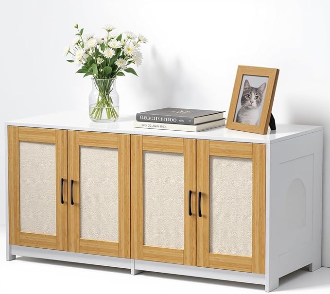 Double Room Litter Box Enclosure, 47 Inch 2 Cats Hidden Litter Box Furniture with Sisal Doors and Sliding Bottom Drawers, Wood Indoor Cat Cabinet TV Stand White