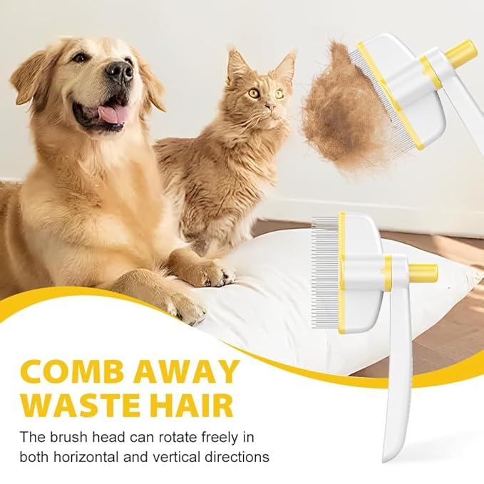Pet Hair Removal Comb Flea Comb, Multifunctional Cat Brush with Release Button, Grooming Brush Supplies for Detangling Thinning and Shedding, All Hair Types (Yellow)