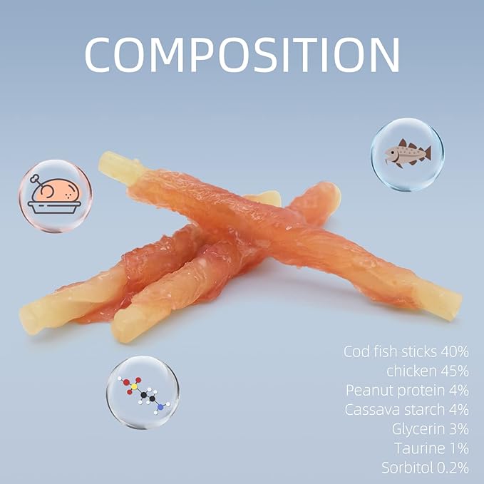 Dog Treats Chews, Chicken Wrapped Cod Sticks, Rawhide Free & Grain Free Dog Snacks for Training Rewards (16 pcs,10.6 oz)