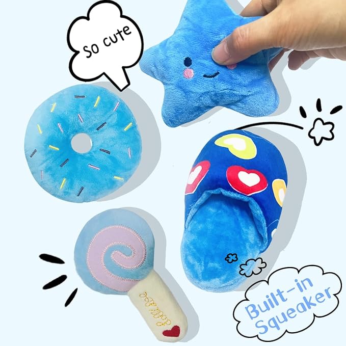 Soft Dog Toys for Small Dogs, 4 Packs Cute Chew Toys for Puppy, Durable Soft Plush Small Dog Toys, Blue Stars Designs, Puppy Toys