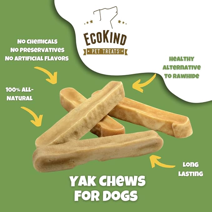 EcoKind Yak Cheese Himalayan Dog Chews, Yak Chews for Large Dogs, Long Lasting Bone for Aggressive Chewers, 3 Ingredients, Natural High Protein Treats, No Additives, Lactose Free, Large - 4 Pack
