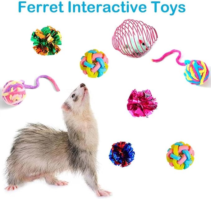 12 pcs Ferret Squeaky Toy Balls Squeaker Toys Teething Colorful Bouncy Rubber Bell Balls Mylar Crinkle Interactive Sound Toy Exercise Scratch Chew Toys for Ferrets Pet Cat Dogs