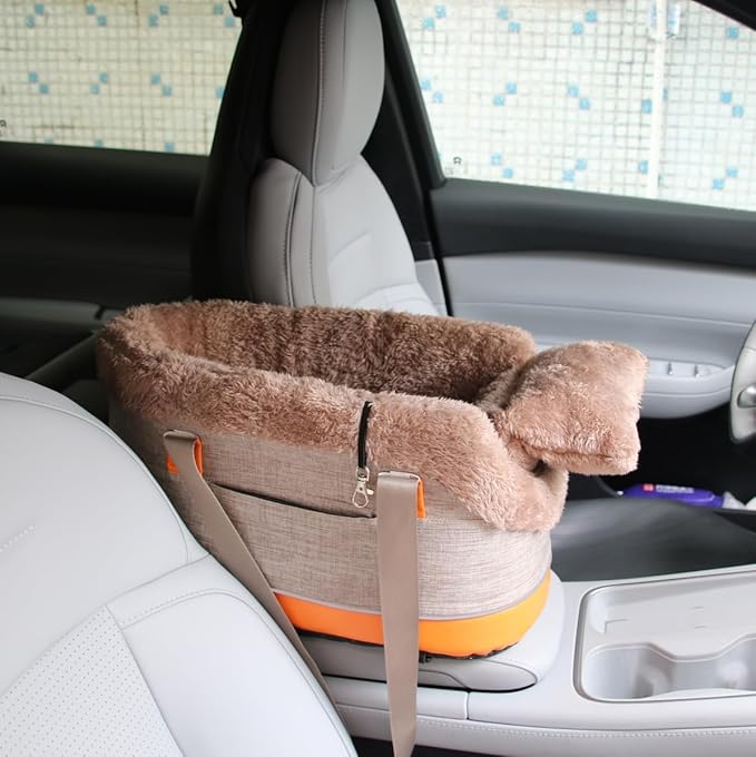 Pet Car Center Console Elevated Armrest Car Seat for Small Puppy, Dogs & Cats (Up to 10 lbs) – Dark Gray Washable Plush Carrier with Safety Leash, Fits Front Vehicle Console Space (Khaki)