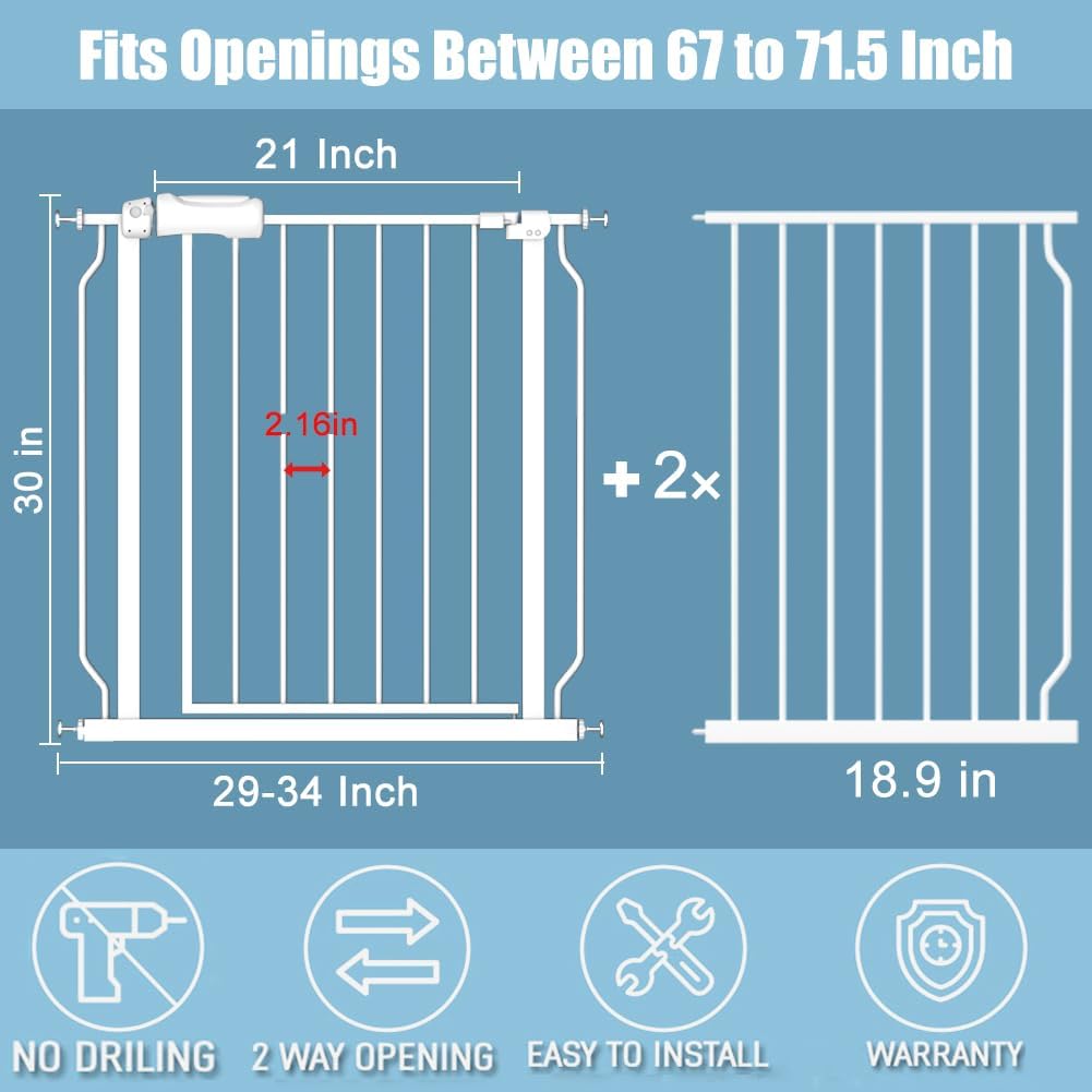 Extra Wide Large Baby Gate 67-71.5 Inch Automatic Close Pet Dog Gates for Stairs Doorways Pressure Mount Child Safety Gate for Walk Through Kids or Pets