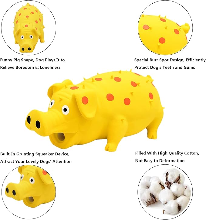 Pig Squeaky Dog Toy, 2 PCS Interactive Rubber Dog Chew Toy - Durable Latex Spot Grunting Pig Toys that Oink for Small Medium Large Dogs (Yellow, Pink)