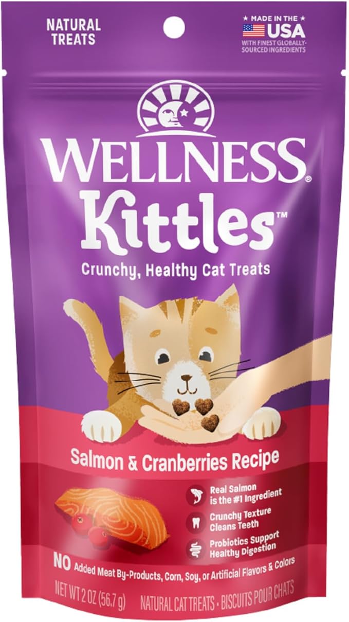 Wellness Kittles Crunchy Cat Treats, All Lifestages, Kitten to Senior, Natural, Grain Free, Salmon and Cranberry Flavor, 2 oz Bag