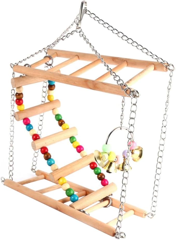 Milisten Wooden Parrot Ladder Swing with Iron Chain PET Hanging Toy for Parrots Hamsters and Small Birds Climbing Accessories for Bird Cages Enriching Plaything for Interactive Play