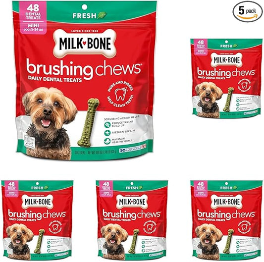 Milk-Bone Brushing Chews Fresh Mint Flavor Daily Dental Dog Treats, Mini, 18.9 Oz. Bag (Pack of 5)