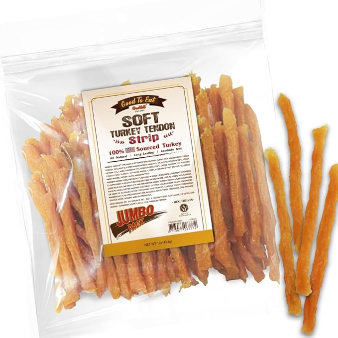 Gootoe Soft Turkey Tendon Strip 1 lb, Natural Chewy Snack, USA-Sourced Turkey Tendon, Premium Training Chew, Hypoallergenic, Ideal for Small& Senior Dog, Jumbo Pack