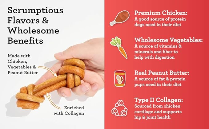 DreamBone CollaYUMS Knots Plus Collagen Chews for Dogs, 14 Count, Treat Your Dog to Rawhide-Free Chews Made with Chicken, Vegetables and Peanut Butter