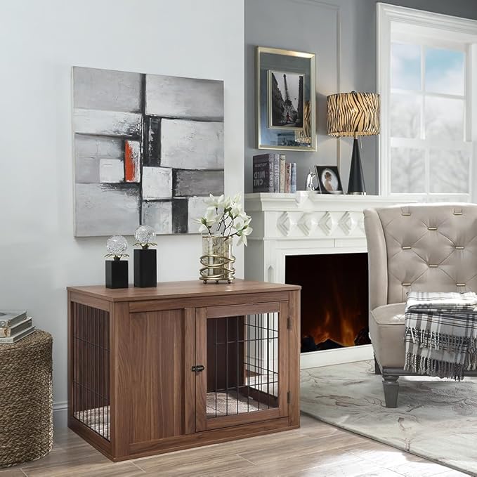 unipaws 36 Inch Furniture Style Dog Crate for Medium Dogs, Indoor Puppy Kennel with Door, Modern Decorative Wood Wire Pet Cage, Pretty Cute End Side Table Nightstand, Walnut