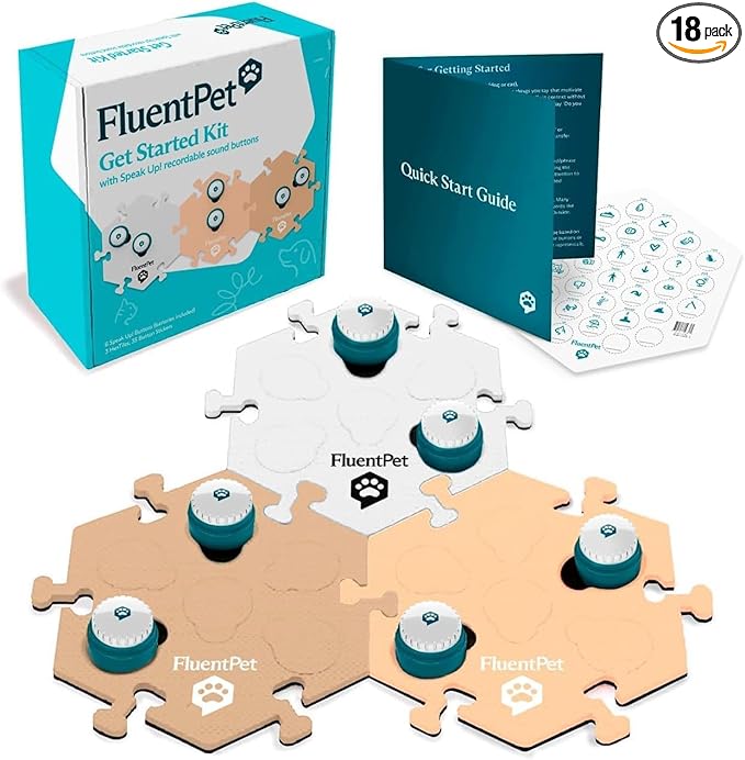 FluentPet Speak Up Get Started Kit with Clearer Upward-Facing Sound - 6 Recordable Buttons for Dogs & 3 Beige HexTiles | Dog & Cat Communication Buttons Set | with Batteries