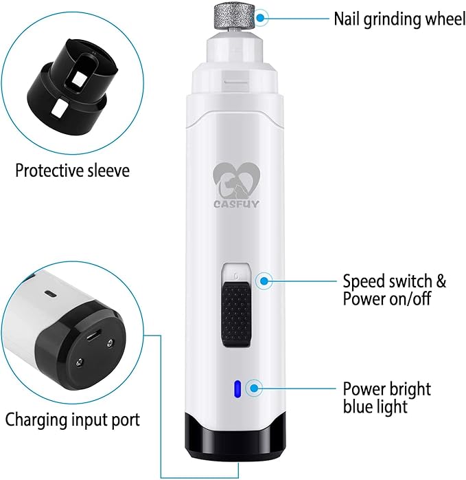 Casfuy Dog Nail Grinder Upgraded - Professional 2-Speed Whisper-Quiet Electric Pet Nail Trimmer Painless Paws Grooming & Smoothing for Small Medium Large Dogs & Cats (White)