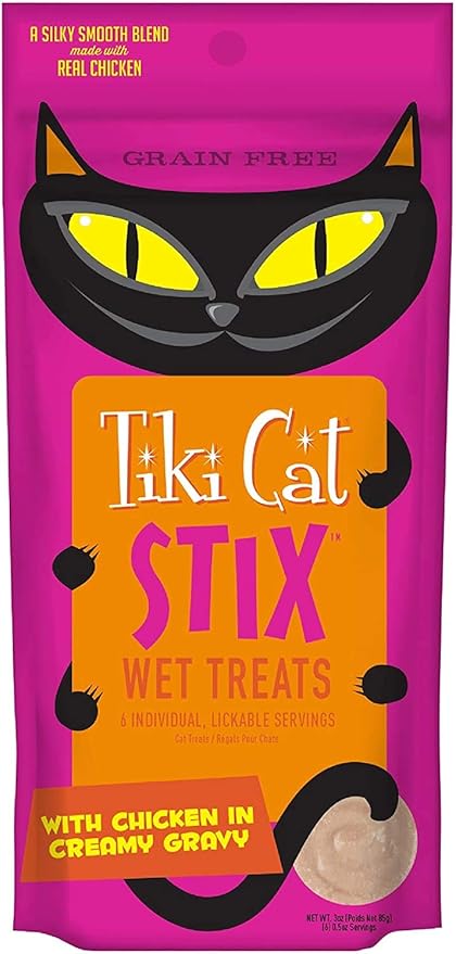 (12 Pack, 72 Stix) Tiki Pets Cat Stix Wet Treats Topper, Grain Free Lickable Smooth Blend with Chicken in Creamy Gravy with 10ct Pet Wipes