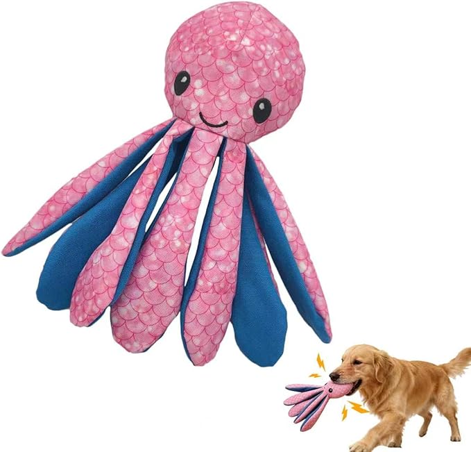 Recycled Canvas Octopus Squeaky Dog Toy for Chewers Puppy Teething Chew Toy Cute Pink Blue Stuffed Animal Durable Interactive Dog Squeak Toy for Small Medium Large Dogs Toy Gift 26cm/10.24in