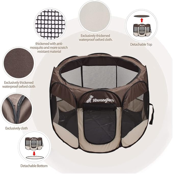 Foldable Pet Dog Playpen, Pop Up Portable Cat Playpen, Indoor/Outdoor for Kitten Puppy Play Pen, Cats Crate Cage Tent with Carrying Bag, 600D Oxford (Coffee + Beige, Small (26"x26"x18"), 8)