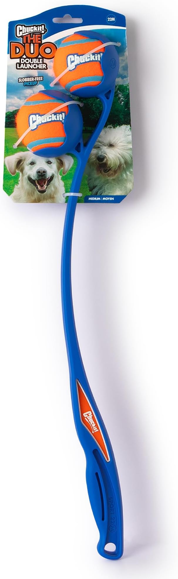 Chuckit! The Duo 22M Double Launcher Dog Toy, 22" Length, Includes 2 Medium Tennis Balls (2.5") Size Medium for Breeds 20-60lbs, for Multi-Dog and Pack Play, Launches Two Balls at Once