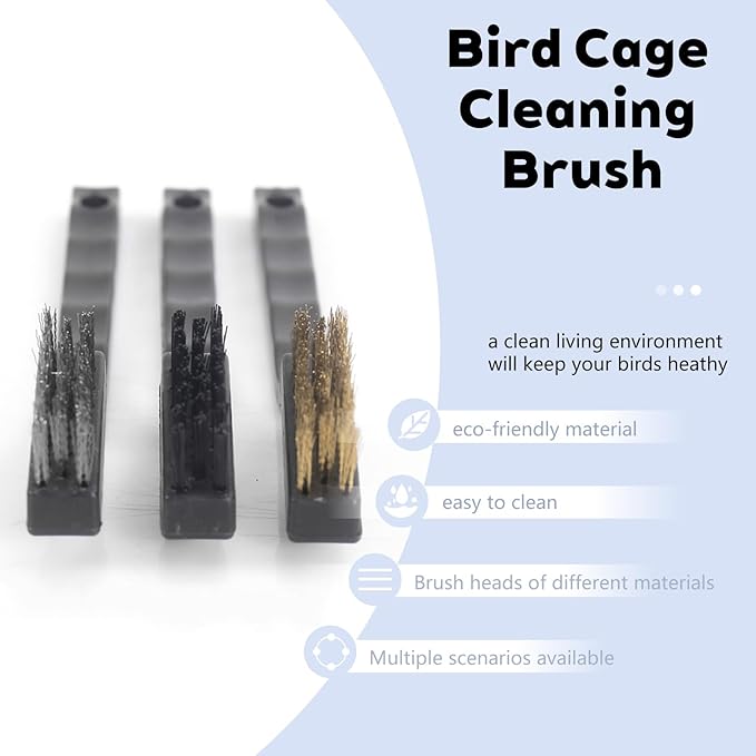 3PCS Bird Cage Cleaning Brush Set Copper,Nylon & StainlessSteel Brushes for ParrotCages,Kennels,Perches and More