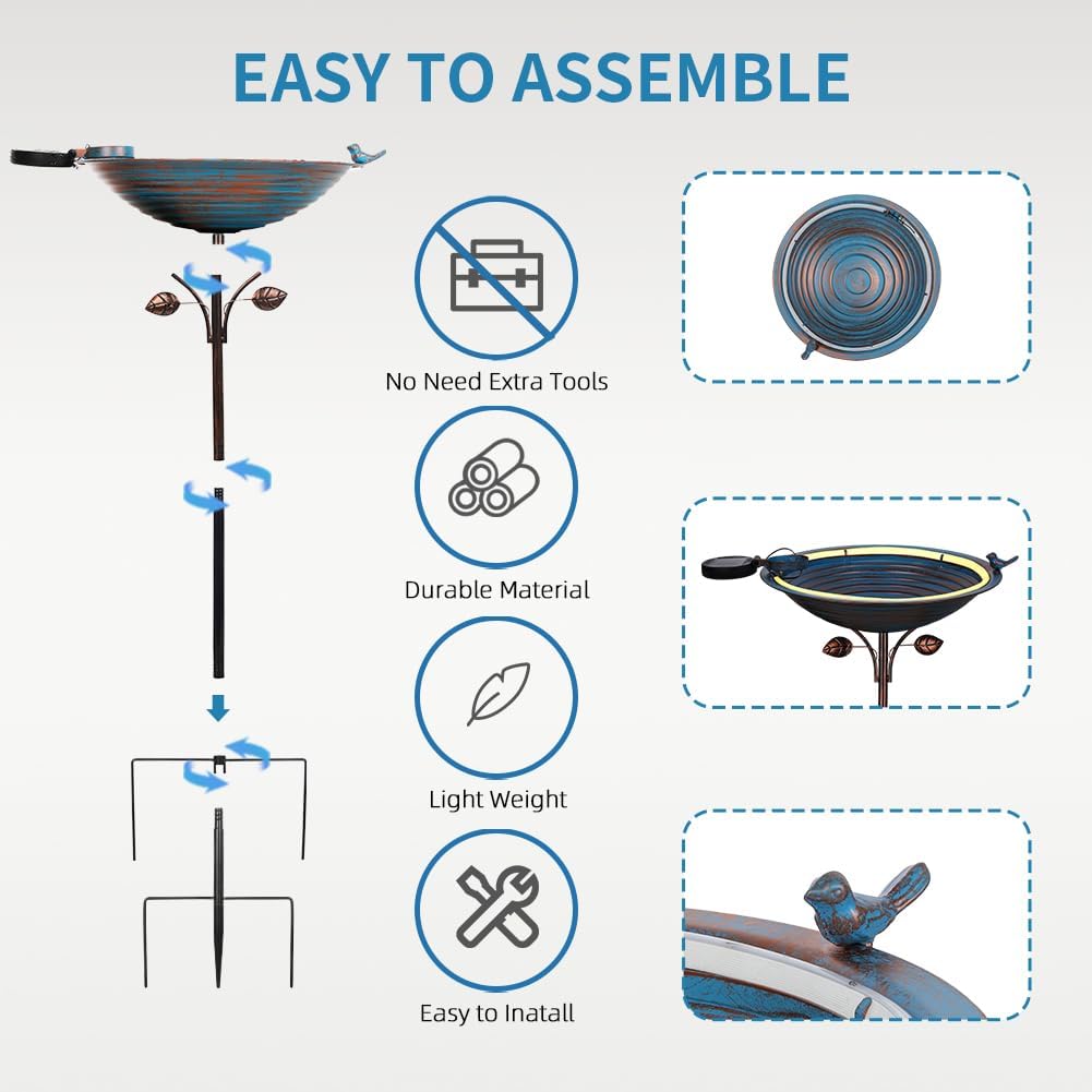 Metal Bird Bath with Stake, Large Standing Birdbath with Solar Light, 39" Tall Bird Bath & Feeder with 15" Bowl & Decorative Cast Iron Bird for Outside Garden Patio Yard Decor