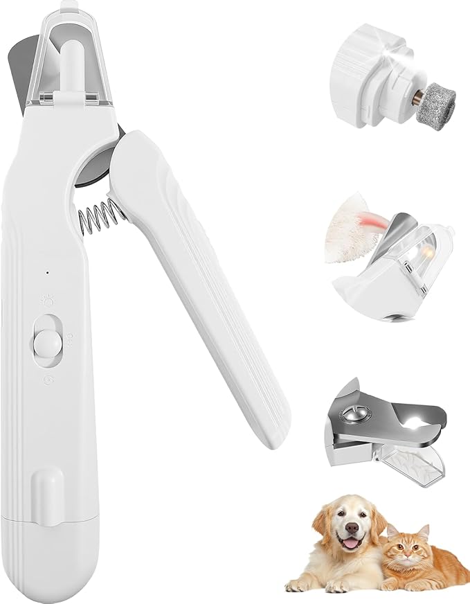 2-in-1 Dog & Cat Nail Clippers and Grinder with Light, Safety Guard, Painless Quiet Pet Nail Claw Trimmers, USB Rechargeable Pet Nail Trimmer, for Large Medium Small Dogs Cats Claw Trimmer, White