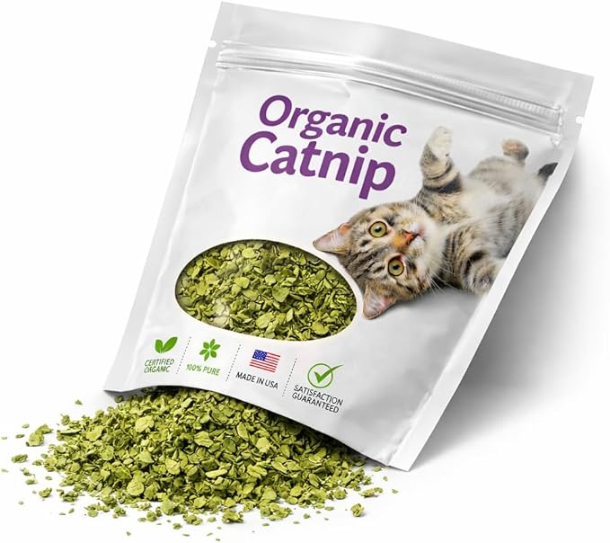 Organic Catnip for Cats USDA Certified Dried Herb Made in USA - 1 oz Pouch Premium Natural Cat Treats Strong Fresh Loose Leaf Catnip Herbs Resealable Bag Best Single Ingredient Cat Nip Buds Bulk