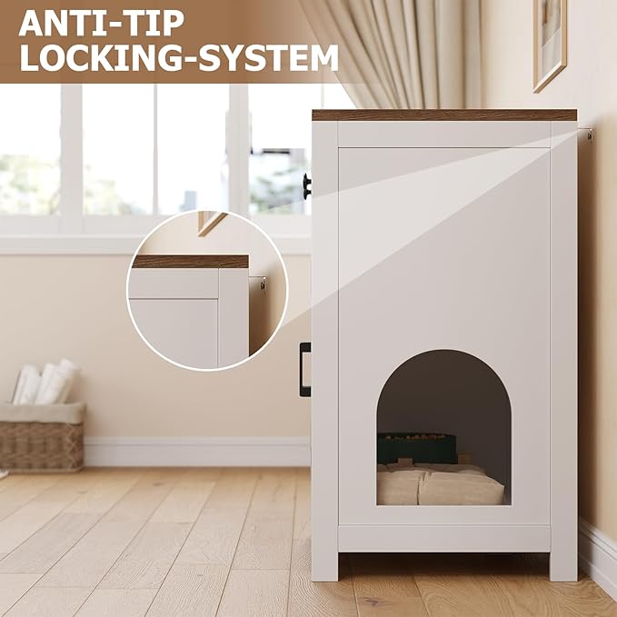 Cat Litter Box Enclosure with Storage Drawers, Hidden Litter Box Wooden Furniture, Modern Farmhouse Indoor Cat House, Multifunctional Side Table, White