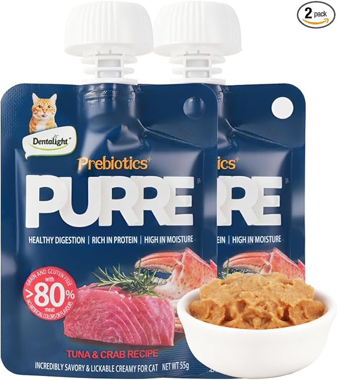 Prebiotics Purre Lickable Wet Cat Treat, Tuna & Crab Recipe, High in Probiotics, Calcium and Fish Oil, No Additives, (55gx2, Tuna & Crab)