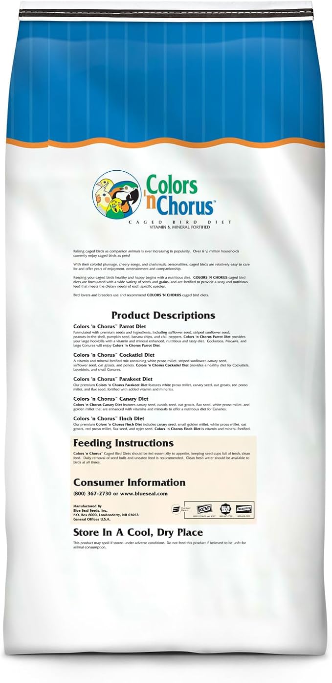 Blue Seal Colors ‘N Chorus Cockatiel Bird Feed | Premium Seeds and Ingredients for a Nutritious and Tasty Diet | 50 Pound Bag
