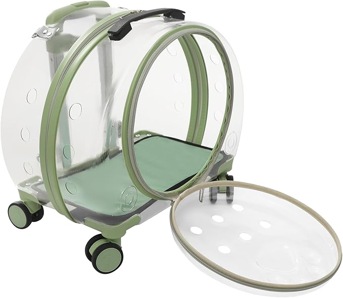 15.7" X 10.6" X 17.7" Hard Shell Rolling Cat Carrier, Outdoor Cat Carrier with Wheels, Stable Pet Stroller with Soft Mat, Support to 19.84 Lbs (Green)