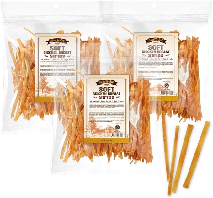 Gootoe Soft Dog Treats, Chicken Jerky - Dog Training Treats; High-Protein, Gluten-Free, Soft Jerky for Dogs, Hypoallergenic, Grain-Free, Chicken Breast Strips, 1 lb (Pack of 3)