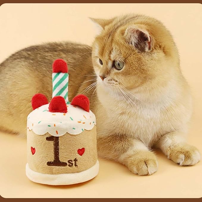 Cat Birthday Toy Kitten Cake with Birthday Hat Puppy Dog Plush Gift for Small Medium Pet (1 Year)