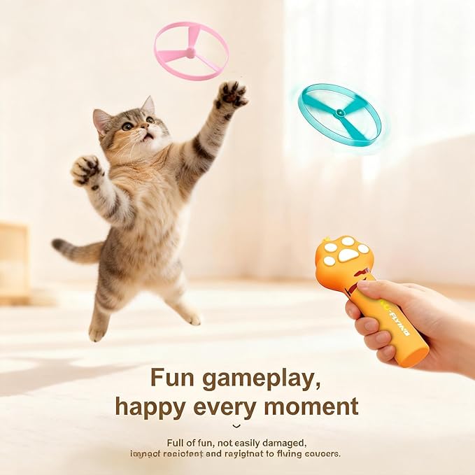 Cat & Small Dog Disc Launcher Toy, Rechargeable Flying Spinner Fetch Interactive Pet Toy with LED Lights, Adjustable Launch Control for Indoor Outdoor Play (White)