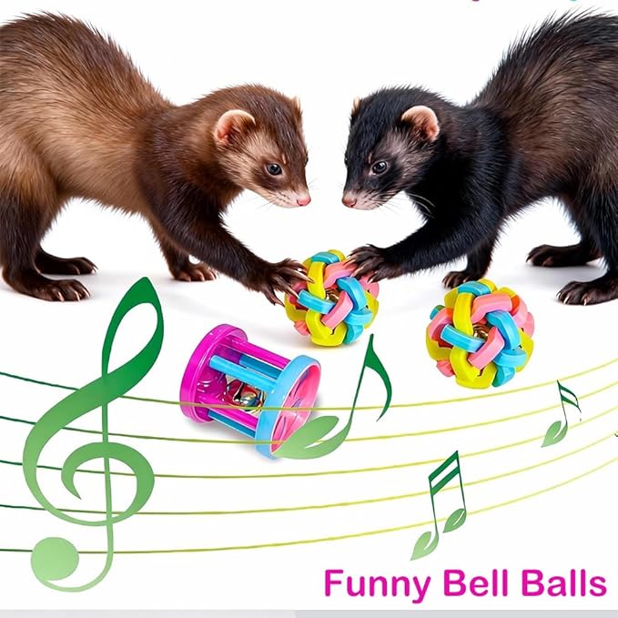 12 pcs Ferret Squeaky Toys Balls Squeaker Toys Teething Chewing Toy Colorful Bouncy Rubber Bell Balls Mylar Crinkle Interactive Sound Exercise Scratch Chew Toy for Ferrets Pet Cat Dog
