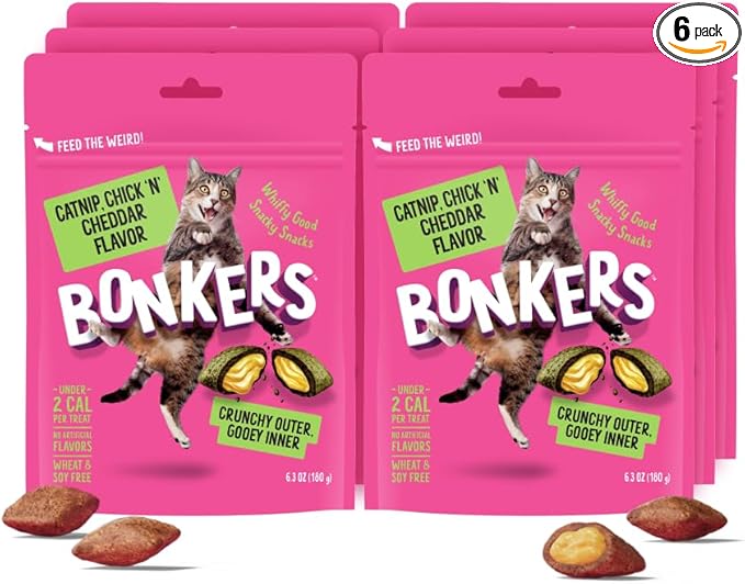 Bonkers Bites Catnip & Chick 'N' Cheddar Flavor Crunchy & Soft Treats for Cats, 6.3oz Bag (Pack of 6)