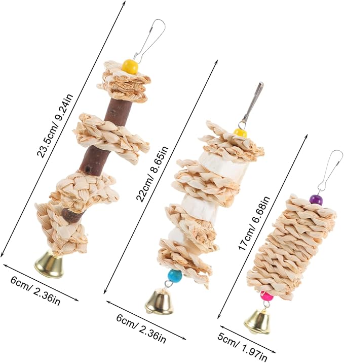 Milisten 3Pcs Natural Straw Woven Parrot Chew Bird Hanging Biting for Parakeets Parrots Engaging Bird Cage Accessories for Chewing Enrichment