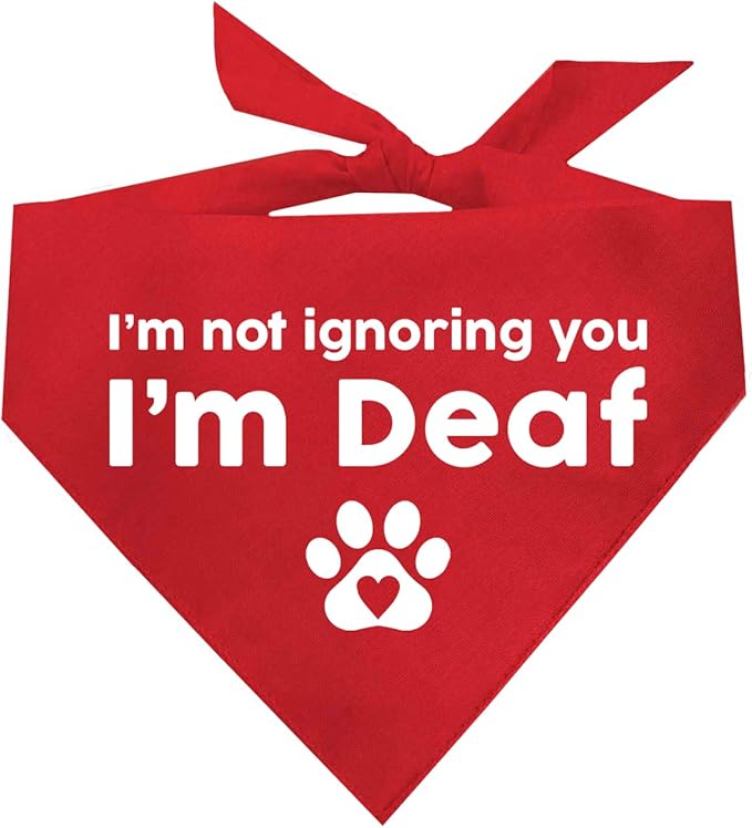 I'm Not Ignoring You I'm Deaf Dog Bandana | 100% Adjustable Cotton Triangle | Made in USA | Deaf | Impaired | Hearing Loss Accessory | Warning (Red, OS 351) GB