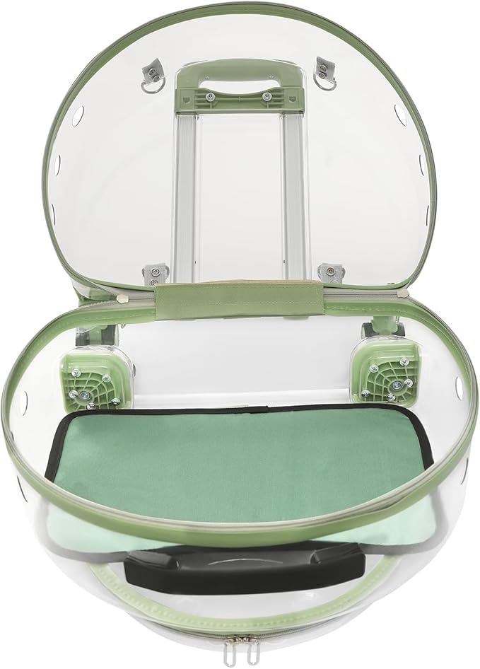 15.7" X 10.6" X 17.7" Hard Shell Rolling Cat Carrier, Outdoor Cat Carrier with Wheels, Stable Pet Stroller with Soft Mat, Support to 19.84 Lbs (Green)
