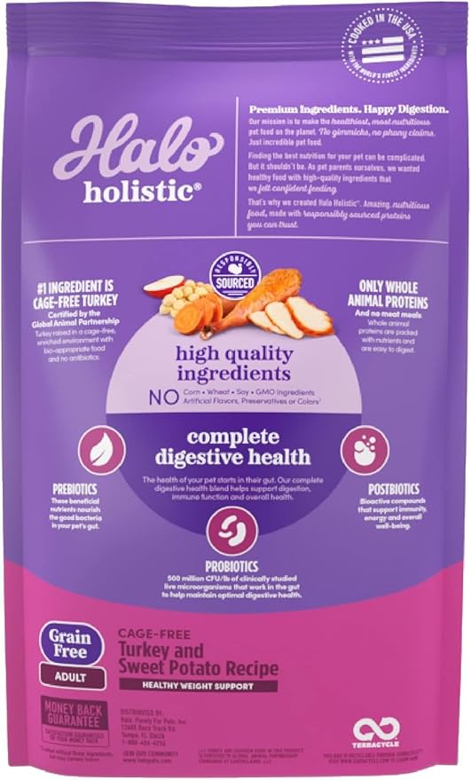 Halo Holistic Dog Food Cage Free Turkey & Sweet Potato Formula, Grain Free Dry Dog Food, for Healthy Weight Support, Kibble for Adult Dogs, 3.5 lb Bag