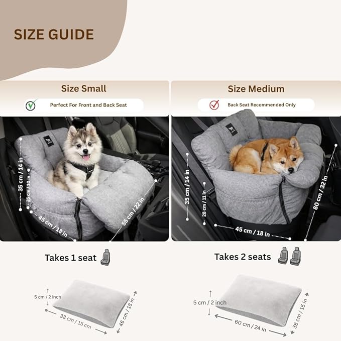 JACKO & CO Premium Dog Car Seat – Safe & Cozy Travel Bed Carrier for Small Dogs, Puppies, Pets, Clip-On Leash, Storage Pockets, Water-Resistant, Machine Wash (Black, Removable - Medium (25-40lbs))